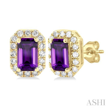 5x3 MM Octagonal Shape Amethyst and 1/8 Ctw Single Cut Diamond Halo Semi-Precious Stud Earrings in 10K Yellow Gold